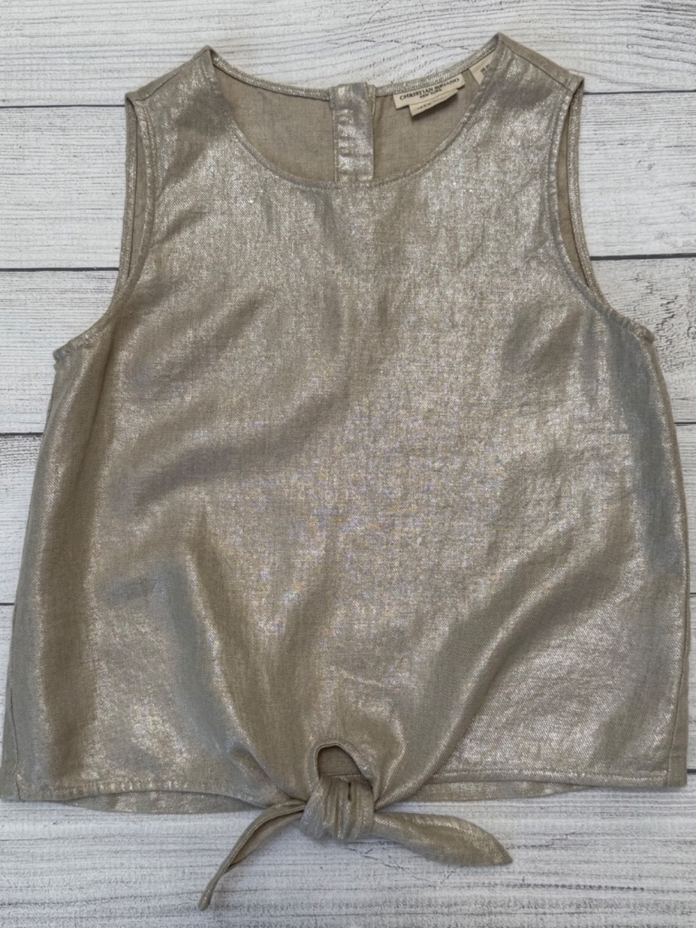 Christian Siriano New York 100% Linen Beige Taupe Metallic Tie-Front Tank Top XS